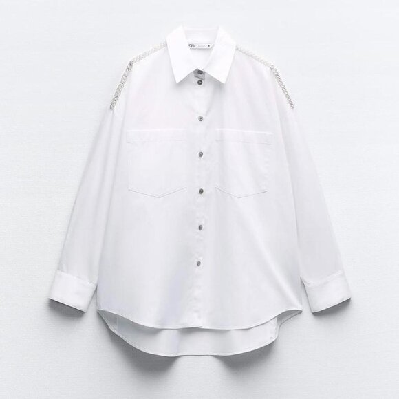 Zara Womens Shirt Blouse S Small White Button Up Beaded Poplin 8527/909 NWT - Picture 3 of 16